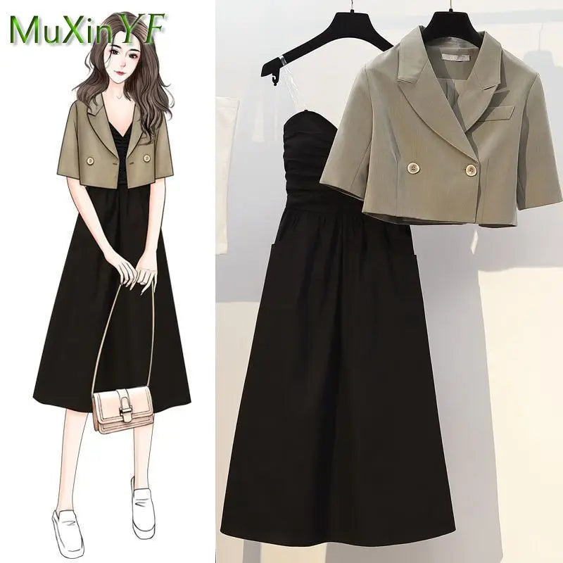 2024 Summer Fashion Short Small Blazer Sling Dress Two Piece Suit Women Korean Elegant Short Sleeve Casual Suit Midi Skirt Set