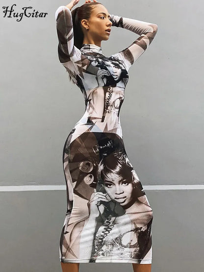 Hugcitar Mesh Print Rollkragen Langarm Sexy Durchsichtig Schlank Midi Kleid 2023 Sommer Mode Y2K Streetwear Party Kleidung