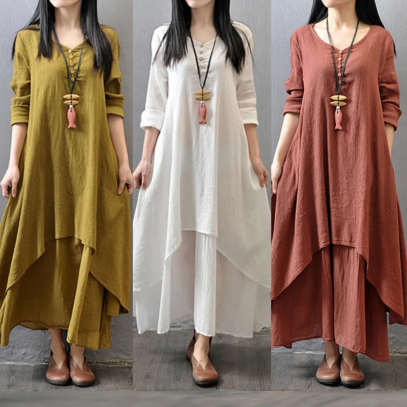 white Button irregular summer 2022 Spring New Loose Size Round Neck Mid-Sleeve Large Swing Cotton And Linen Long Dress Robe