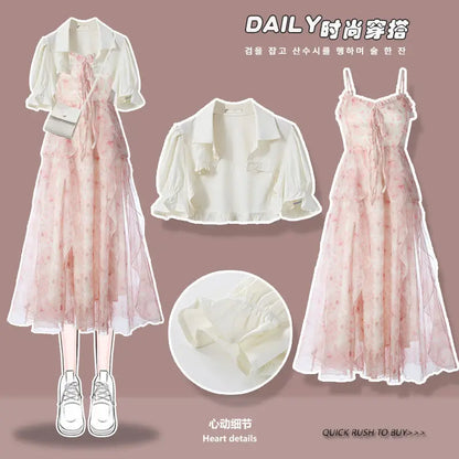 Costume élégant pour femmes, manches bouffantes, haut court, robe Midi rose, ensemble 2 pièces, tenue d'été et de printemps