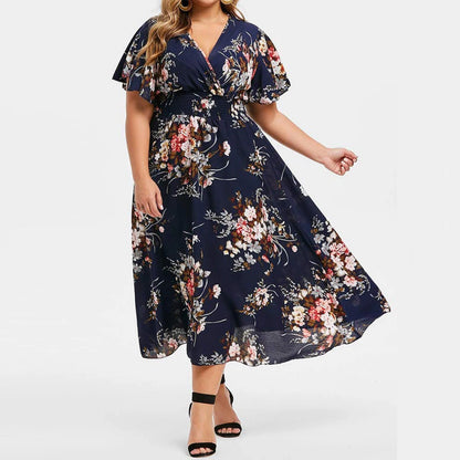 Sommer Neue Sexy V-ausschnitt frauen Strand Kleid Plus Größe Lose Mode Floral Gedruckt Schmetterling Ärmel Midi Kleid Dame Hochzeit Kleid