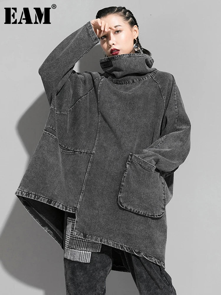 [EAM] Loose Fit Black Denim Big Size Sweatshirt New High Collar Long Sleeve Women Big Size Fashion Spring Autumn 2024 1K166