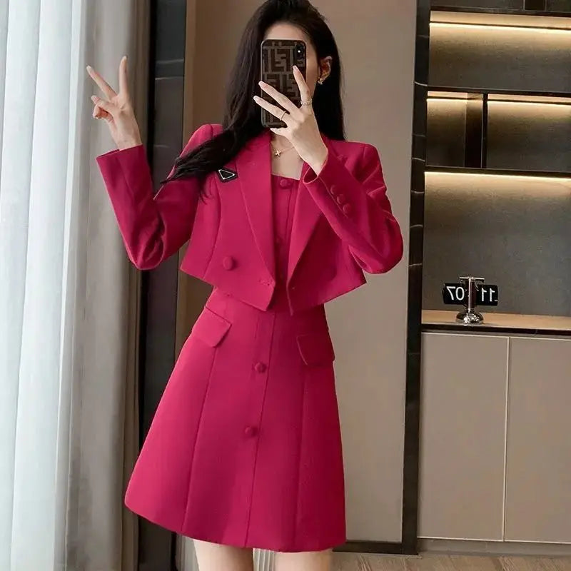 Junge Frauen Zwei Stücke Set Schlank Büro Dame 2023 Frühjahr Neue Hosenträger Kleid Elegante Kerb Blazer Mantel Top Übergroßen 4XL Koreanische