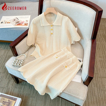 2024 Summer French Temperament Wave Texture Knit  2 Pieces Sets Dress Women Lape Short Sleeves Buttons Top + A-line Mini Skirt