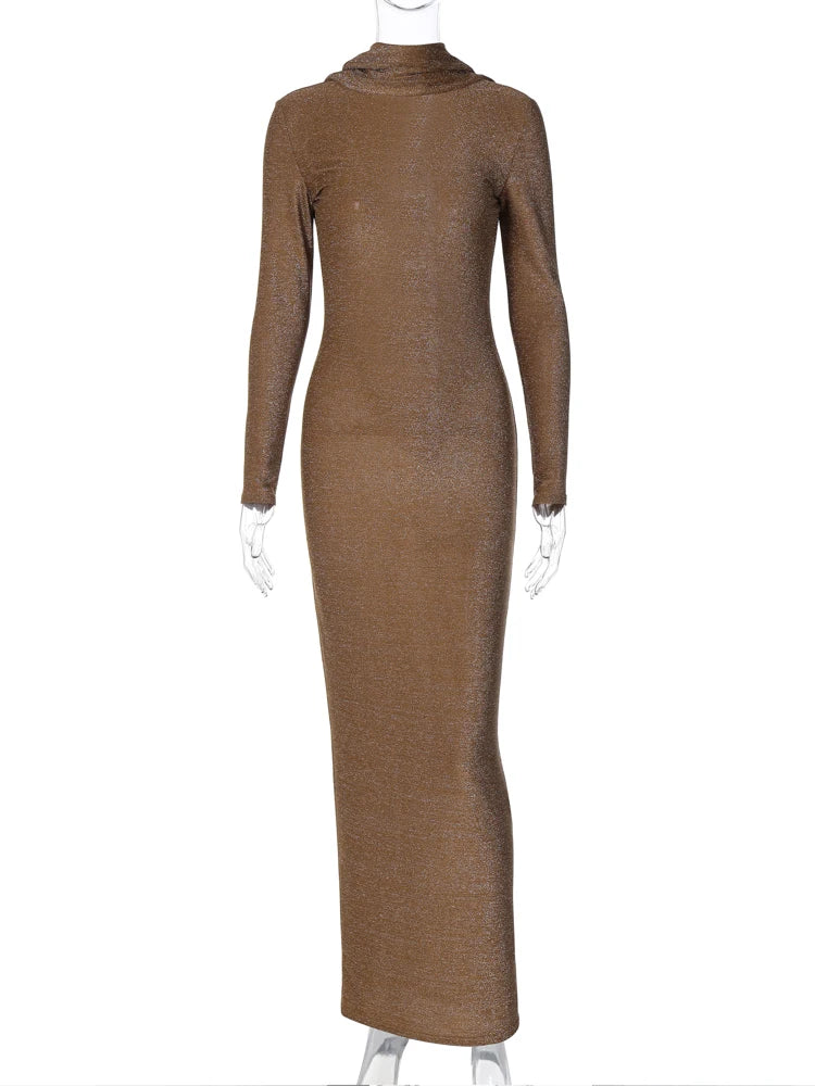 Hugcitar Glanz Rollkragen Langarm Rückenfrei Drapiert Elegant Sexy Bodycon Maxi Abendkleid Herbst Damen Kleidung Abend Party Club