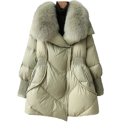 2023 Winter Neue Fried Street Big Fox Pelz Kragen Warme Gänsedaunen Daunenjacke Damen Pelzmantel Mittellange Großhandel