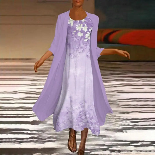 1 Set Popular Coat Dress Female Cardigan Dress Set Floral Print Loose-fitting Long Dress  A-Line