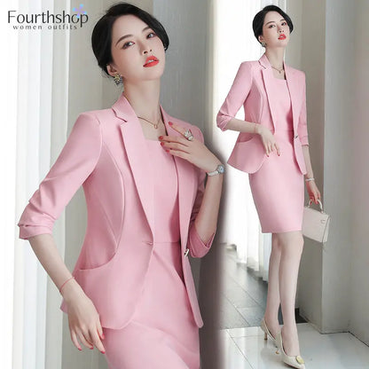 2023 elegante Rosa Kleid Anzüge Frauen Mode-Business Anzug Blazer Set Büro Dame Arbeit Formale 2 Stück Set Weibliche Kleidung Outfits