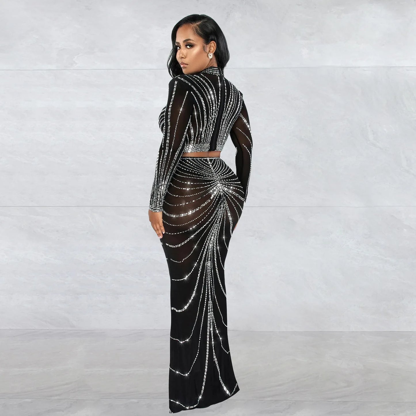 Robe Maxi moulante en maille à manches longues, élégante, strass scintillants, pour robe d'anniversaire, Sexy, Club, ensemble deux pièces, tenues pour femmes, 2023