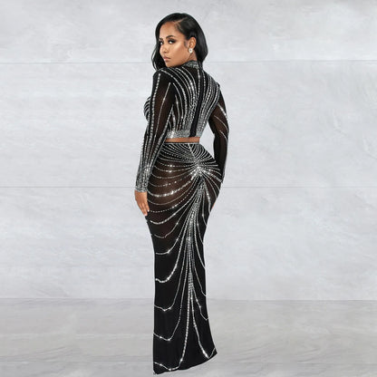 Robe Maxi moulante en maille à manches longues, élégante, strass scintillants, pour robe d'anniversaire, Sexy, Club, ensemble deux pièces, tenues pour femmes, 2023