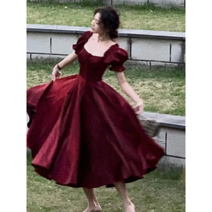 Robe de soirée française Vintage bordeaux pour femmes, tenue de bal élégante et romantique, ligne a coréenne, robes de remise de diplôme, été, 2024