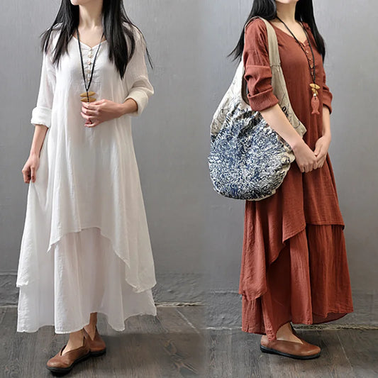 white Button irregular summer 2022 Spring New Loose Size Round Neck Mid-Sleeve Large Swing Cotton And Linen Long Dress Robe