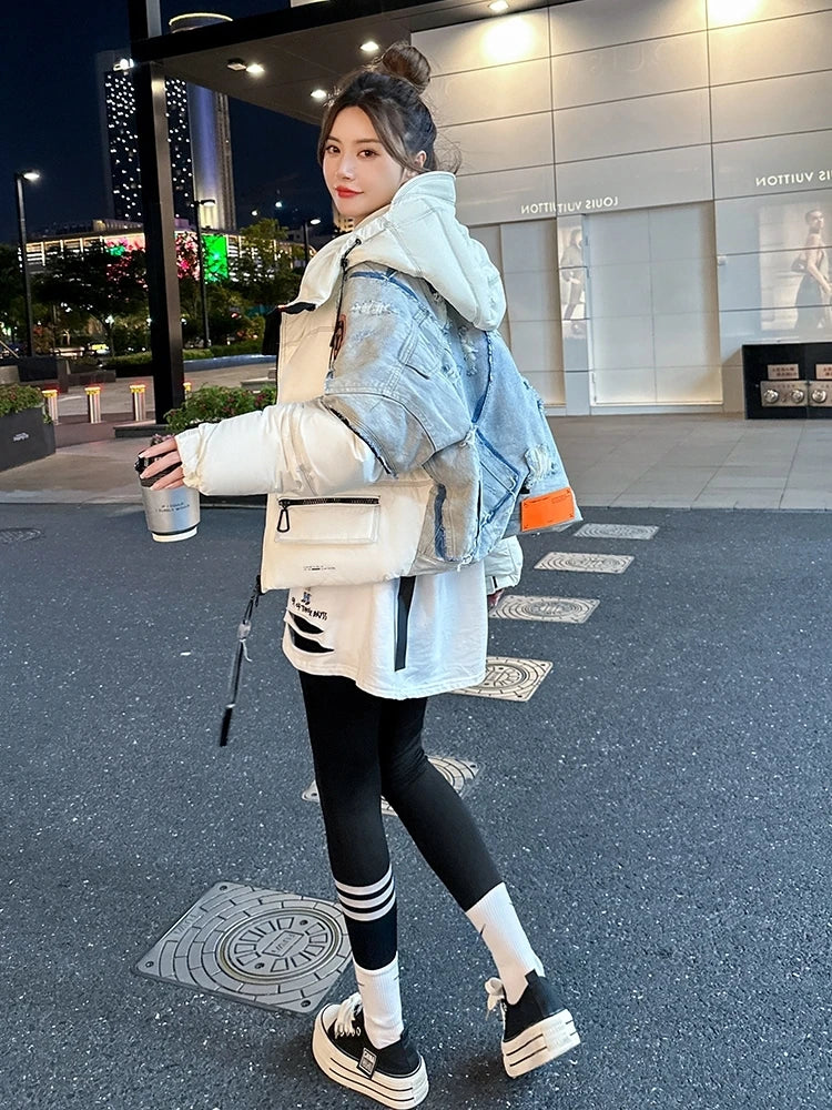 2023 herbst Winter Neue Mode Kurze Kapuze Große Taschen Verdickt Mode Lose Brot Unten Jacke Casual WarmPuffer Jacke