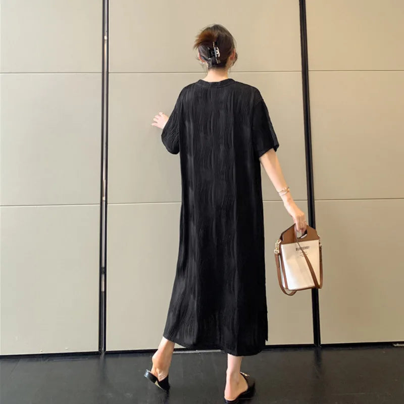 #6171 Black Pleated Long T Shirt Dress Short Sleeve Loose Streetwear Ladies Dresses O-neck Preppy Style Straight Tshirt Dress