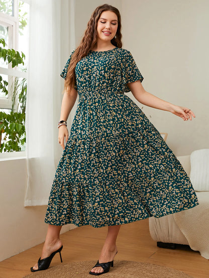 Mode grande taille femmes vêtements robe d'été col rond imprimé fleuri robes mi-longues urbain élégant décontracté dames grande taille robe longue