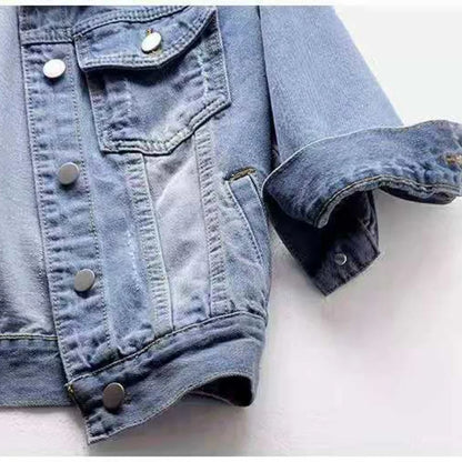 Frühling Sommer Halbarm Frauen Kragen Distressed Mantel Damen Washed Cropped Denim Jacke Mädchen Ripped Jean Cardigan Schal