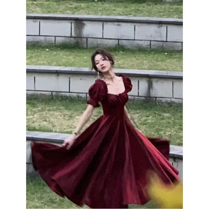 Robe de soirée française Vintage bordeaux pour femmes, tenue de bal élégante et romantique, ligne a coréenne, robes de remise de diplôme, été, 2024