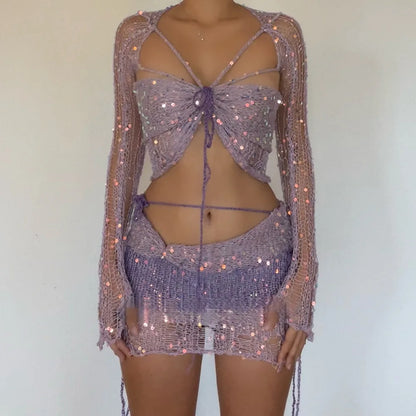 Robe tricotée au Crochet, ensemble jupe deux pièces, vêtements d'hiver pour femmes, hauts courts sexy, robe élégante en tricot à paillettes, ensemble 2 pièces, 2023