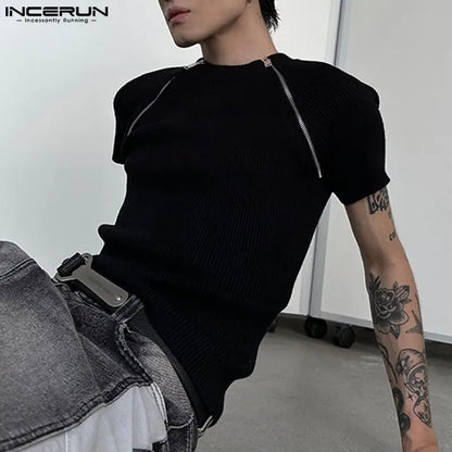 2023 männer T Shirt Einfarbig Oansatz Kurzarm Männer Kleidung Streetwear Zipper Fitness Gestrickte Casual Tee Tops S-5XL INCERUN