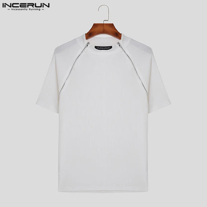 2023 männer T Shirt Einfarbig Oansatz Kurzarm Männer Kleidung Streetwear Zipper Fitness Gestrickte Casual Tee Tops S-5XL INCERUN