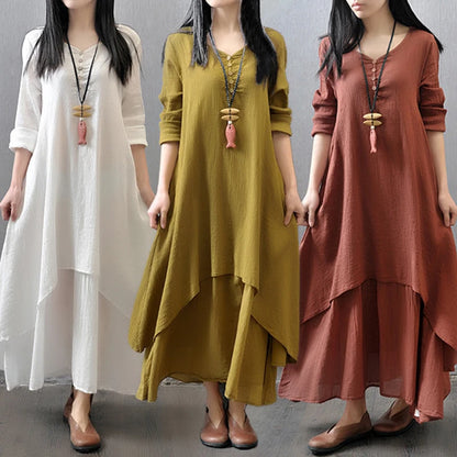 white Button irregular summer 2022 Spring New Loose Size Round Neck Mid-Sleeve Large Swing Cotton And Linen Long Dress Robe