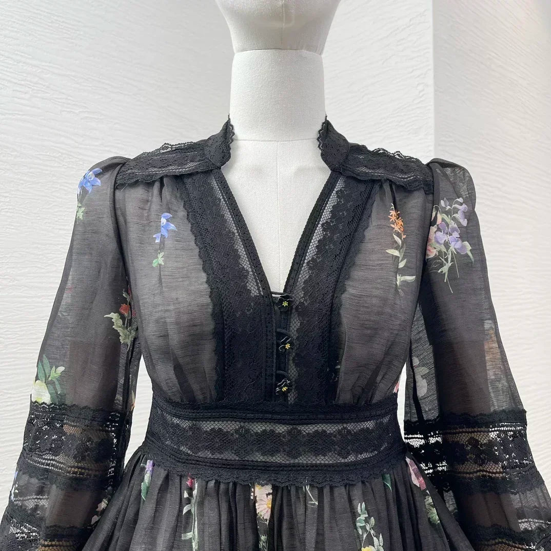 2024 neue Seide Leinen Frühling Sommer Schwarz Floral Print Langarm Spitze Patchwork Aushöhlen Weiß Mini Kleid für Frauen