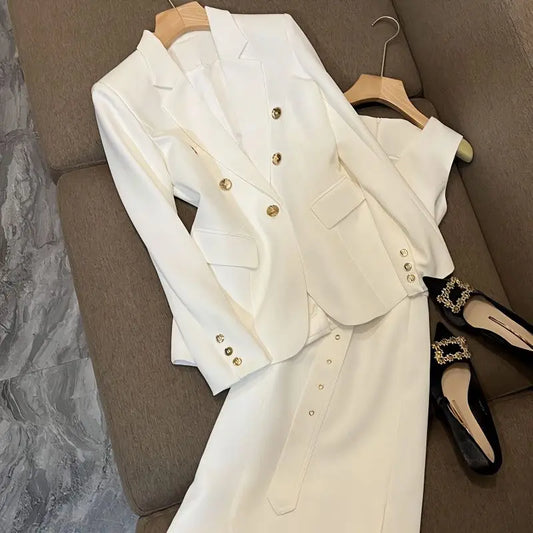 Autumn 2023 White Dress Suit Temperament Goddess Style Advanced Irregular Tank Dress  Blazer Coat Two Piece Set Women Outfits