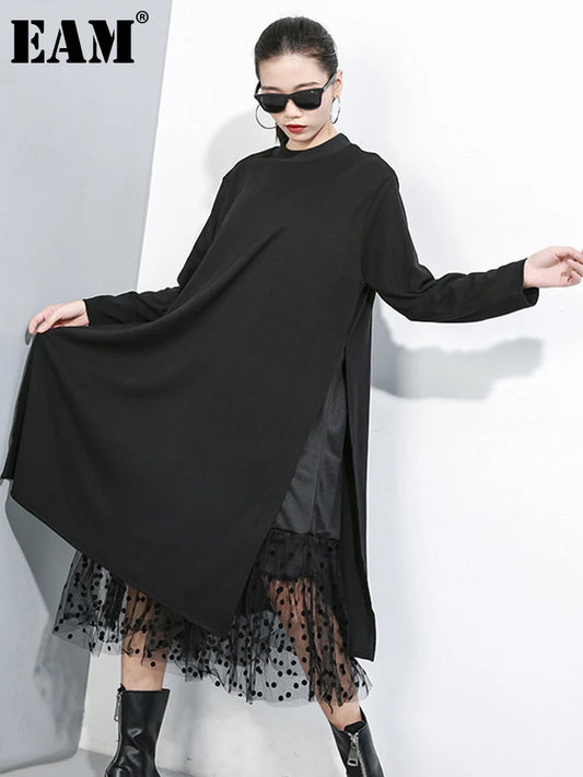 [EAM] Women Black Mesh Dot Split Joint Dress New Stand Collar Long Sleeve Loose Fit Fashion Tide Spring Autumn 2024 1B593