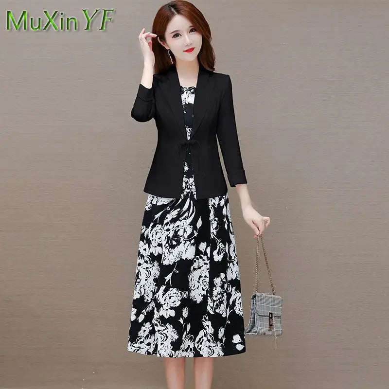 Women's Fashion Suit Coat + Chiffon Floral Dress Two Piece 2022 Fall New Korean Elegant Casual Professional Blazersa Skirt Set