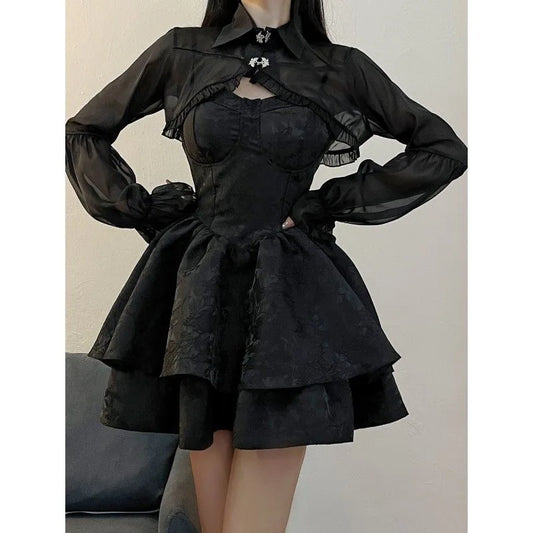 Robe Lolita noire Sexy pour femmes, Mini robe gothique Vintage, Costumes de Cosplay d'halloween Harajuku, robe de fée à manches longues