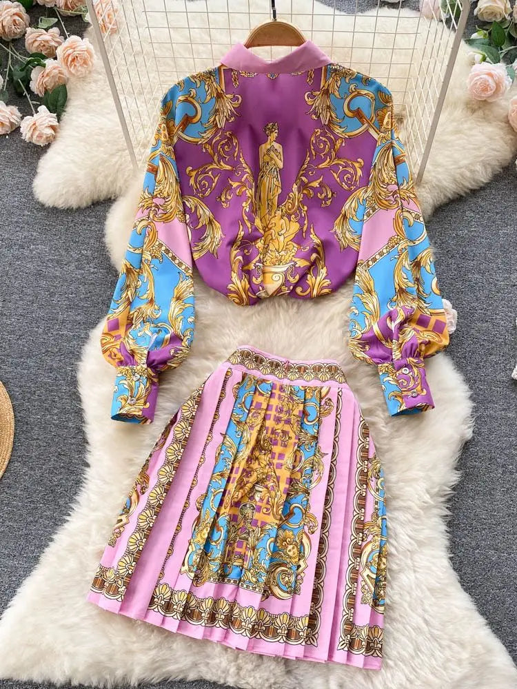 Costume d'été élégant pour femmes, manches bouffantes, revers à perles, petit haut blanc + imprimé floral, robe de bal en maille, jupes à ceinture, ensemble 2 pièces