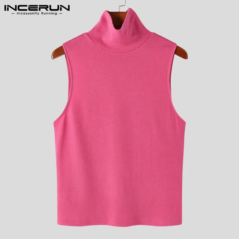 2023 männer Tank Tops Einfarbig Rollkragen Ärmellose Sommer Streetwear Westen Männer Fitness Stilvolle Sexy Casual Crop Tops INCERUN 7