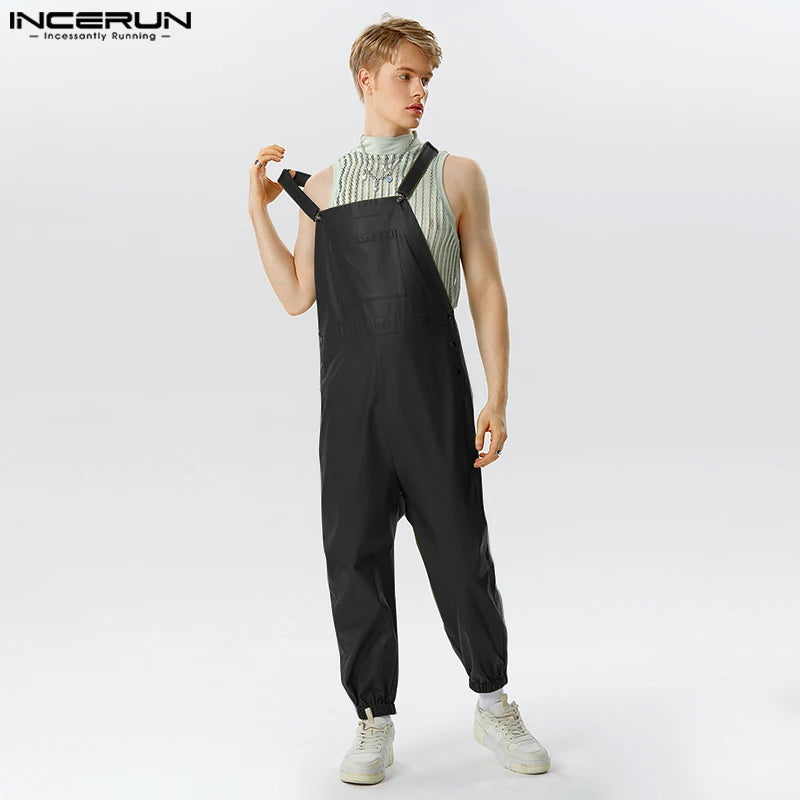 2023 männer Overalls Faux Leder Solide Ärmellose Streetwear Hosenträger Strampler Taschen Lose Mode Lässig Männlich Overalls INCERUN