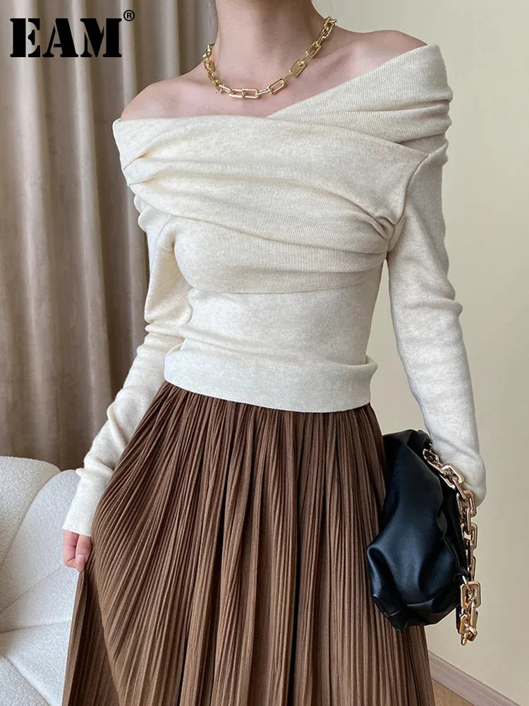 [EAM] Apricot Pleated Elegant Knitting Sweater Slash Neck Long Sleeve Women Pullovers New Fashion Spring Autumn 2024 1DH0916