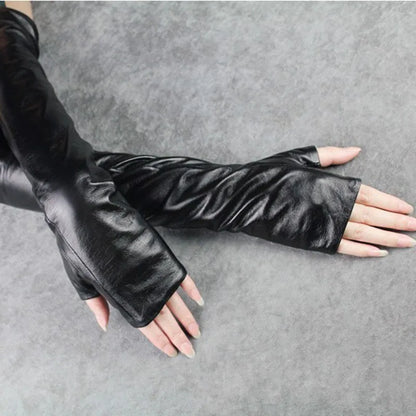 [EAM] Women Black Long Elegant Gloves New Pu Leather Personality   Fashion Tide All-match Spring Autumn 2024 1DH1981