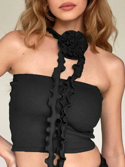 Solide Gestrickte Kurze Halter Top Für Frauen Kleidung Floral Y2k Zubehör Ärmellose Ropa De Mujer Schlank Sexy Streetwear Sommer