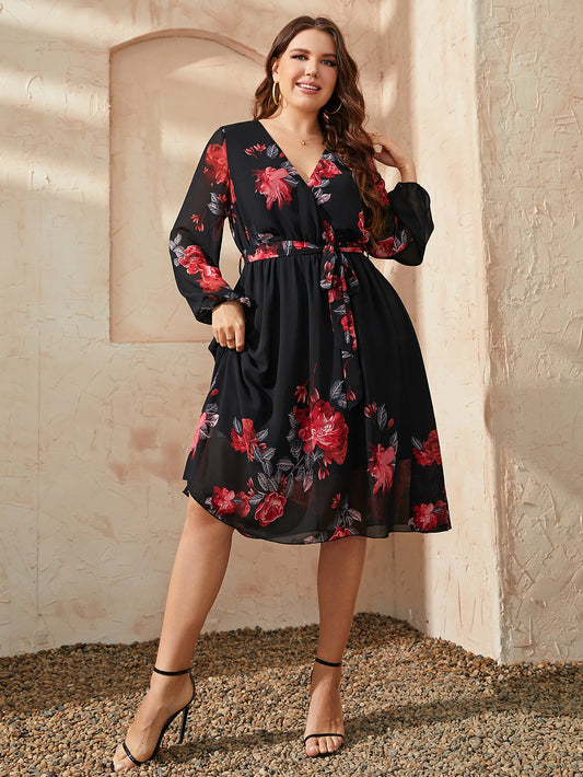 Chic grande taille imprimé fleuri col en V Midi robe ceinturée femmes vêtements de sport noir à manches longues fête élégante robes Vintage