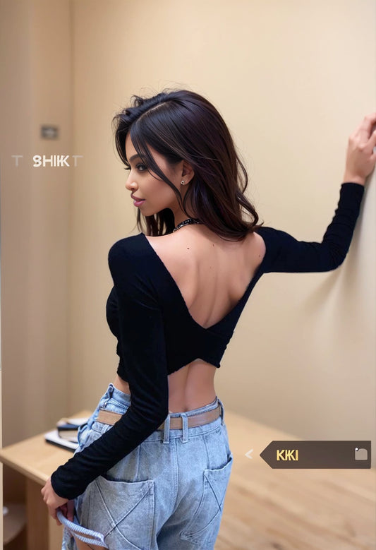 Backless Long Sleeves Slim-Fit Crop-Top Bottoming T-shirt