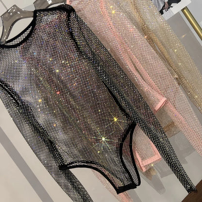 Body en résille transparent avec strass brillant pour femme, body Sexy en maille à la mode