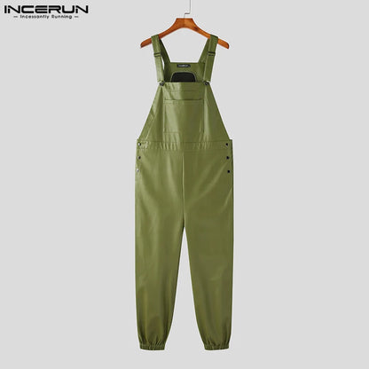 2023 männer Overalls Faux Leder Solide Ärmellose Streetwear Hosenträger Strampler Taschen Lose Mode Lässig Männlich Overalls INCERUN