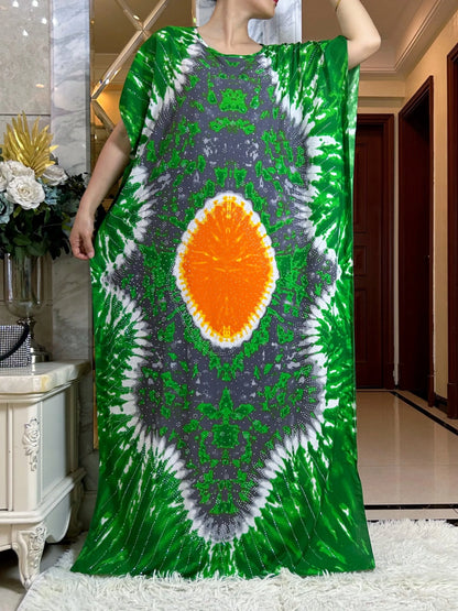 2024 neueste Afrikanische Frauen Sommer Kurzarm Dubai Abaya Diamanten Gedruckt Baumwolle Maxi Muslimischen Femme Lose Kleid Mit Großen Schal