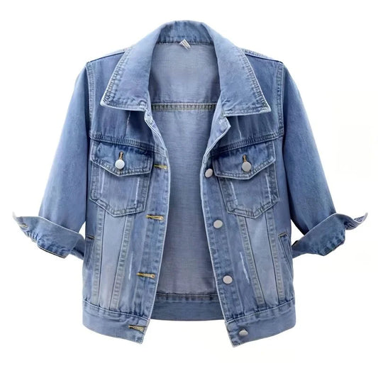 Printemps été demi manches femmes col en détresse manteau dames lavé recadrée Denim veste fille déchiré Jean Cardigan châle