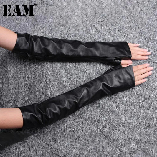 [EAM] Women Black Long Elegant Gloves New Pu Leather Personality   Fashion Tide All-match Spring Autumn 2024 1DH1981