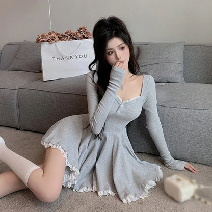 Autumn Women Square Collar Korean Dress Short French Style Long Sleeve Collarbone Exposed Slim Dresses