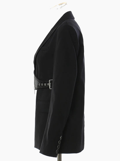 [EAM] femmes noir irrégulière en cuir Pu Blazer nouveau revers à manches longues coupe ample veste mode marée printemps automne 2024 17A7466