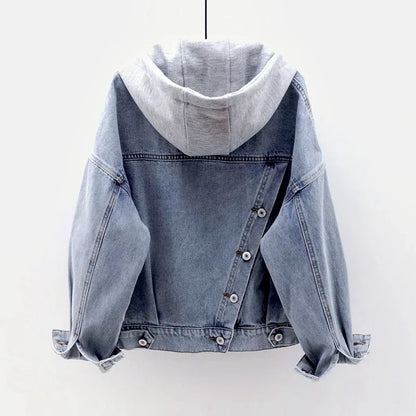 WTEMPO Fashion Denim Jacket Detachable Hooded Women Biker Coat Short Outerwear Multi-pocket Single-breasted Female Denim Tops