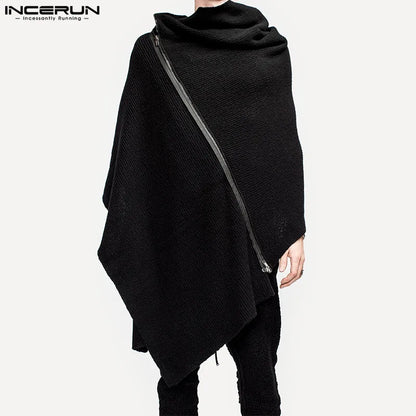 2023 Men Cloak Coats Solid Color Turtleneck Zipper Irregular Ponchos Men Streetwear Casual Fashion Long Trench S-5XL INCERUN