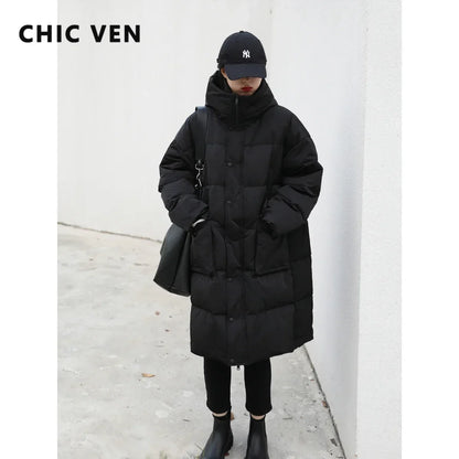 CHIC VEN – manteau Long en duvet de canard blanc pour femme, épais et chaud, veste d'hiver à la mode, Parka 90, coréen, 2023