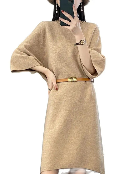 Robe décontractée en laine Pure et cachemire pour femmes, ample, manches courtes, tricotée, nouveau pull en laine, style Long, printemps, 100%