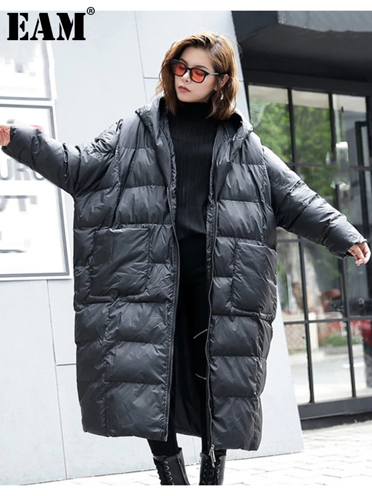 [EAM] Big Size Long Hooded Cotton-padded Coat Long Sleeve Loose Fit Women Parkas Fashion Tide New Autumn Winter 2024 JD1210